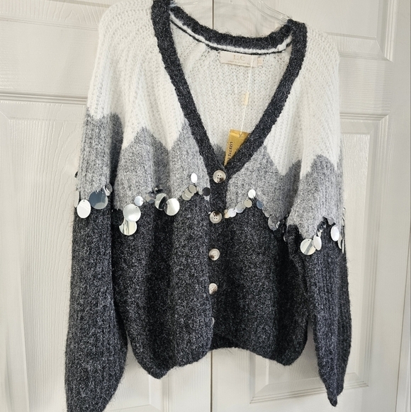 New L/C Lizette Collection Fuzzy Cardigan V-Neck Metallic Silver Discs XL GRAY - Picture 3 of 10
